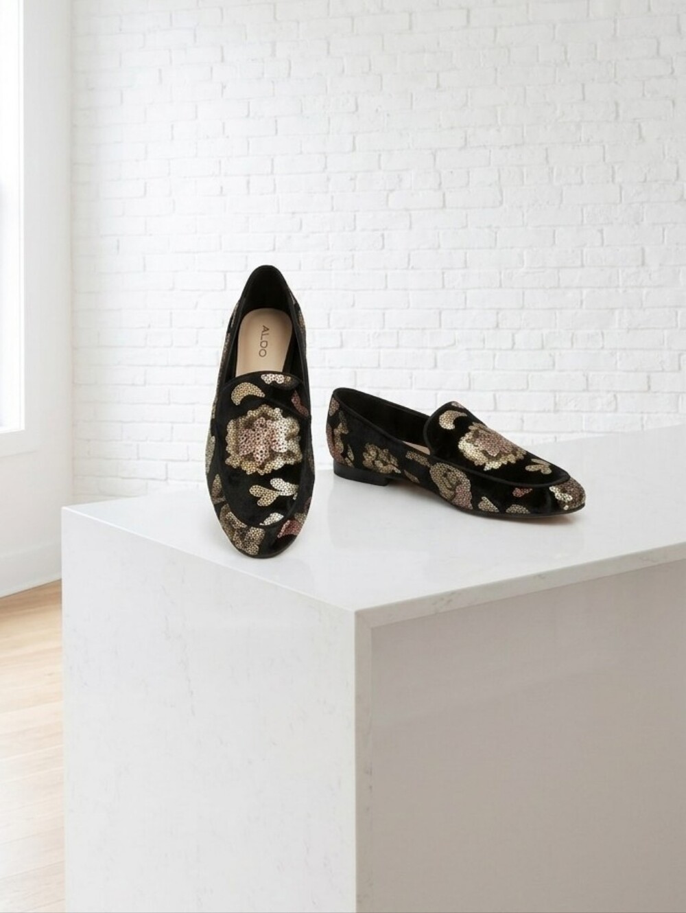 Aldo Black Velvet Loafers with Gold and Rose Sequin Floral Embroidery